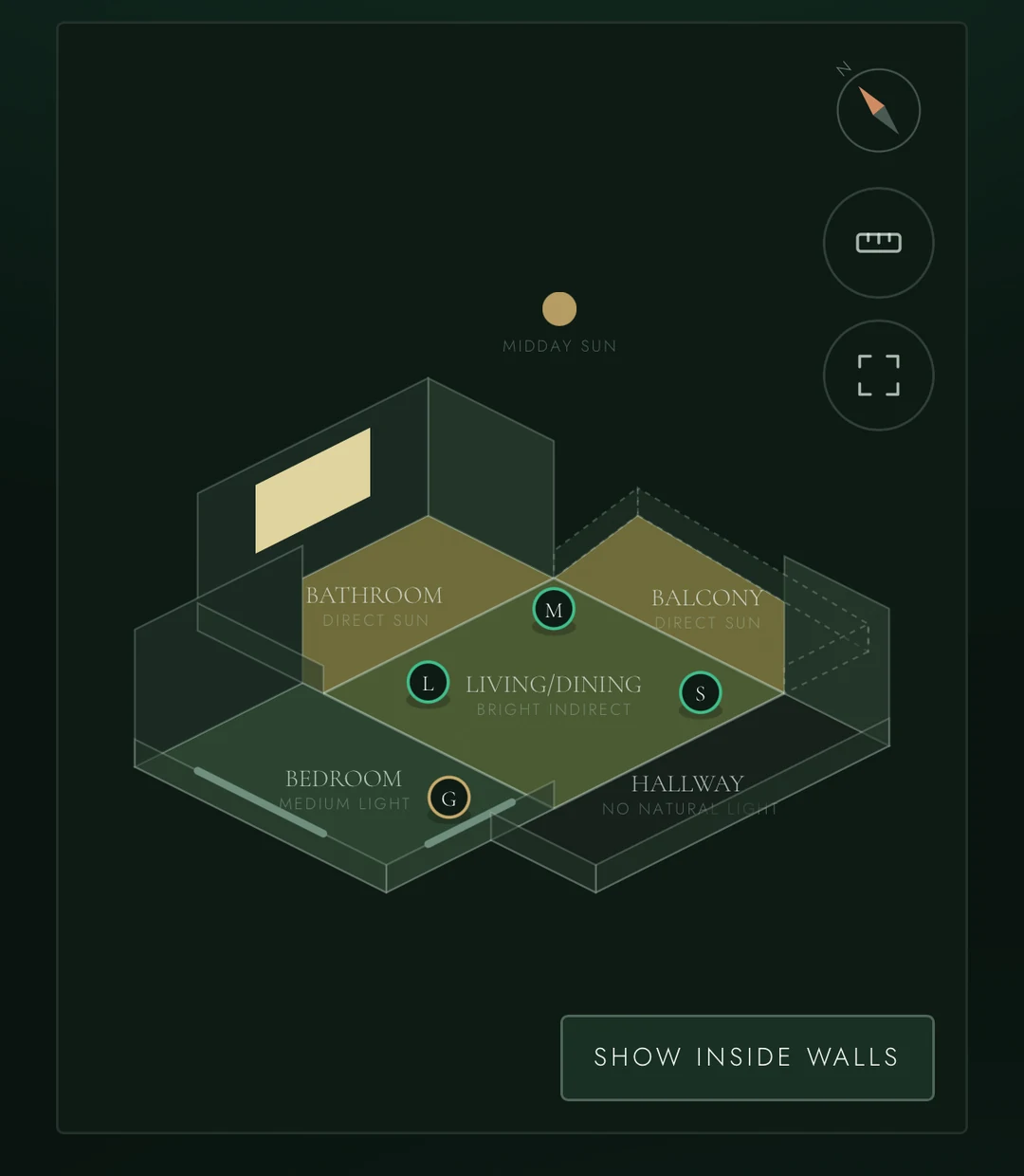 Sprout's isometric view of a home. Five rooms are shaded by how much light each one gets — the bathroom and balcony in warm ochre for direct sun, the living room in green for bright indirect, the hallway almost black for no natural light. Four plants sit as lettered markers in the rooms they live in.