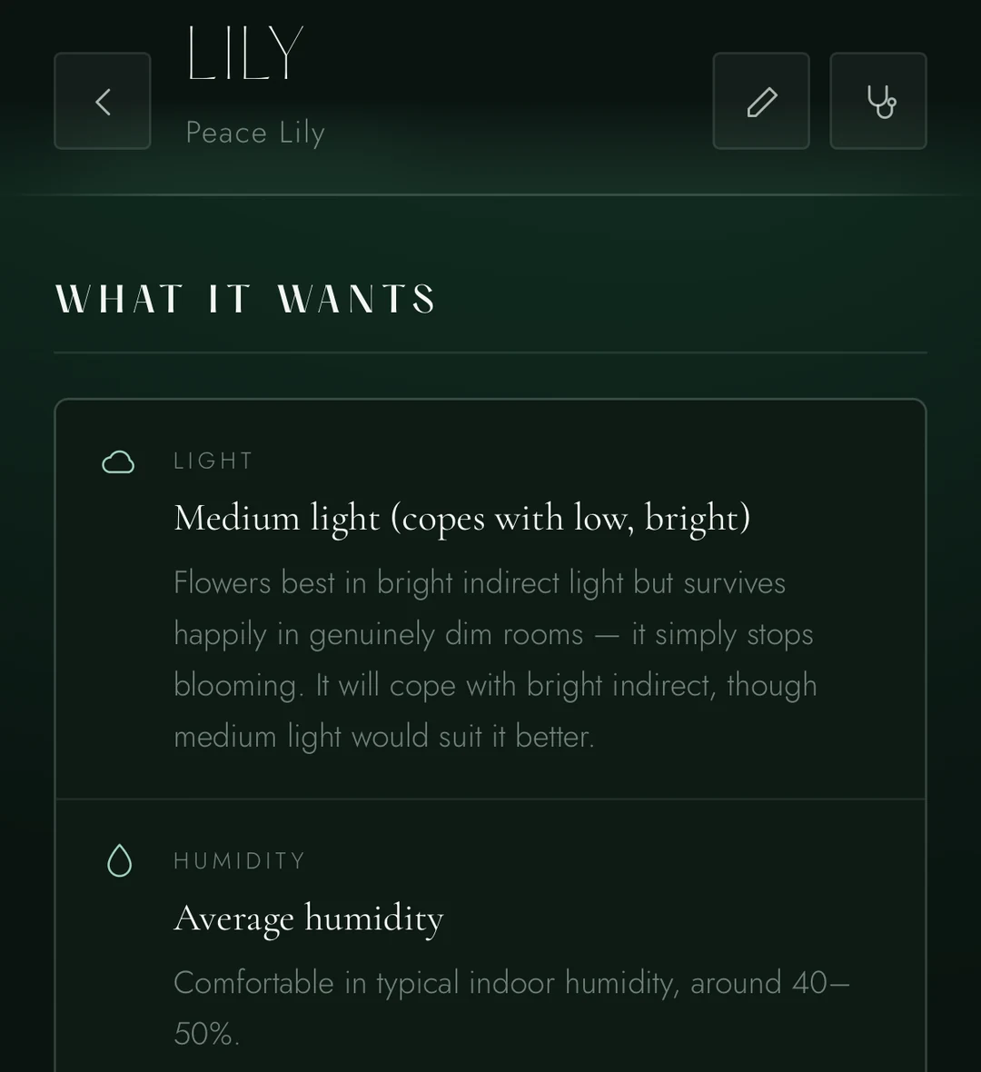 A Peace Lily's care sheet in Sprout, headed "What it wants". Light: medium light, coping with low or bright. Humidity: average, around 40 to 50 per cent. Each entry carries a sentence of plain explanation rather than a bare value.